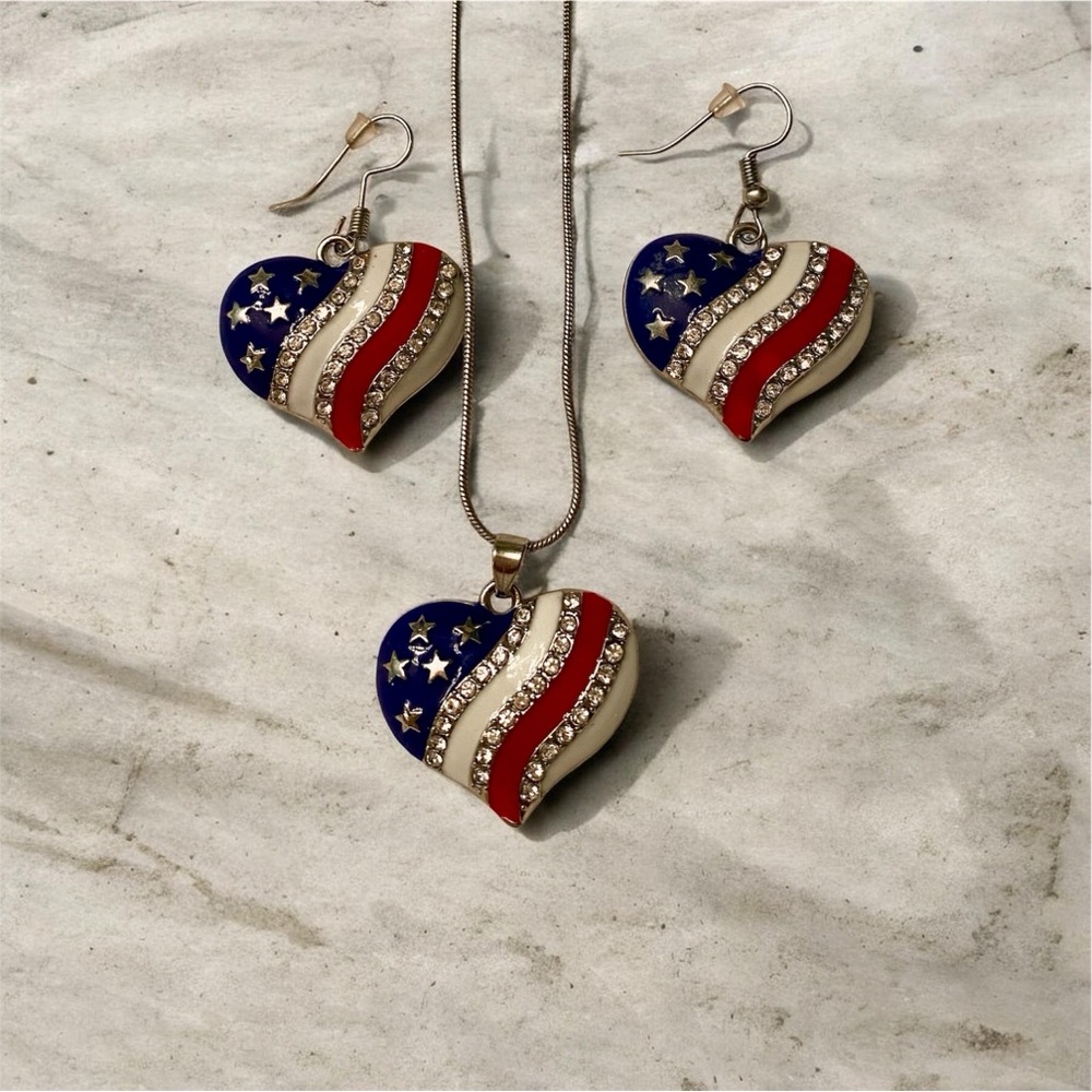 Patriotic Heart Pendant Necklace & Earrings Set - Red, White & Blue
